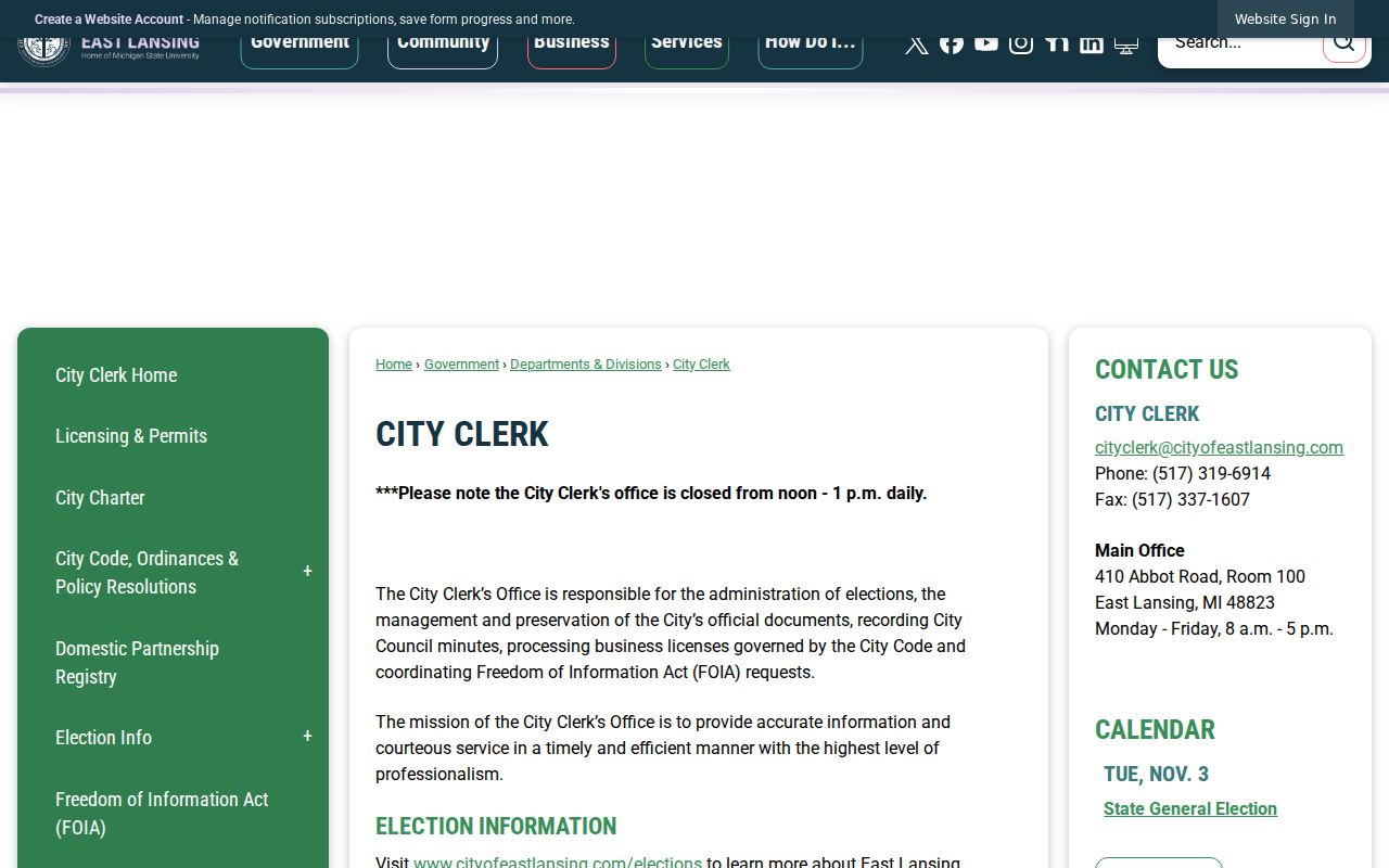 East Lansing residents directory City Clerk office page