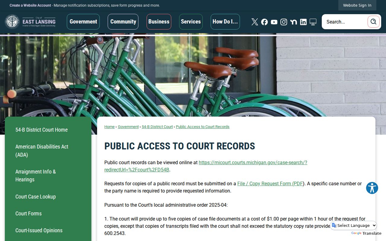 East Lansing resident lookup court record access at 54-B District Court